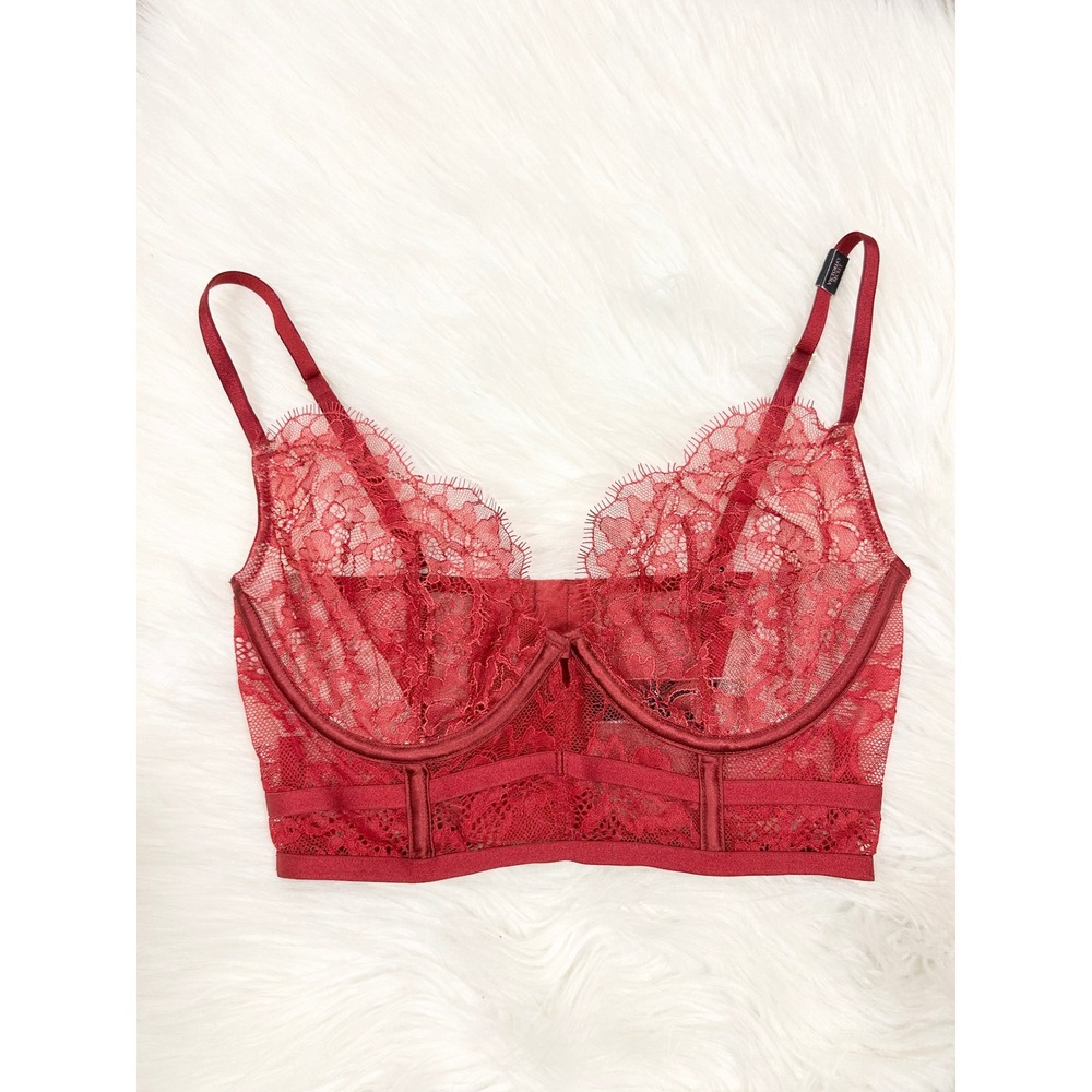 Victoria's Secret‎ Sexy Red Floral Eyelash Lace Unlined Demi Longline Bra 32D